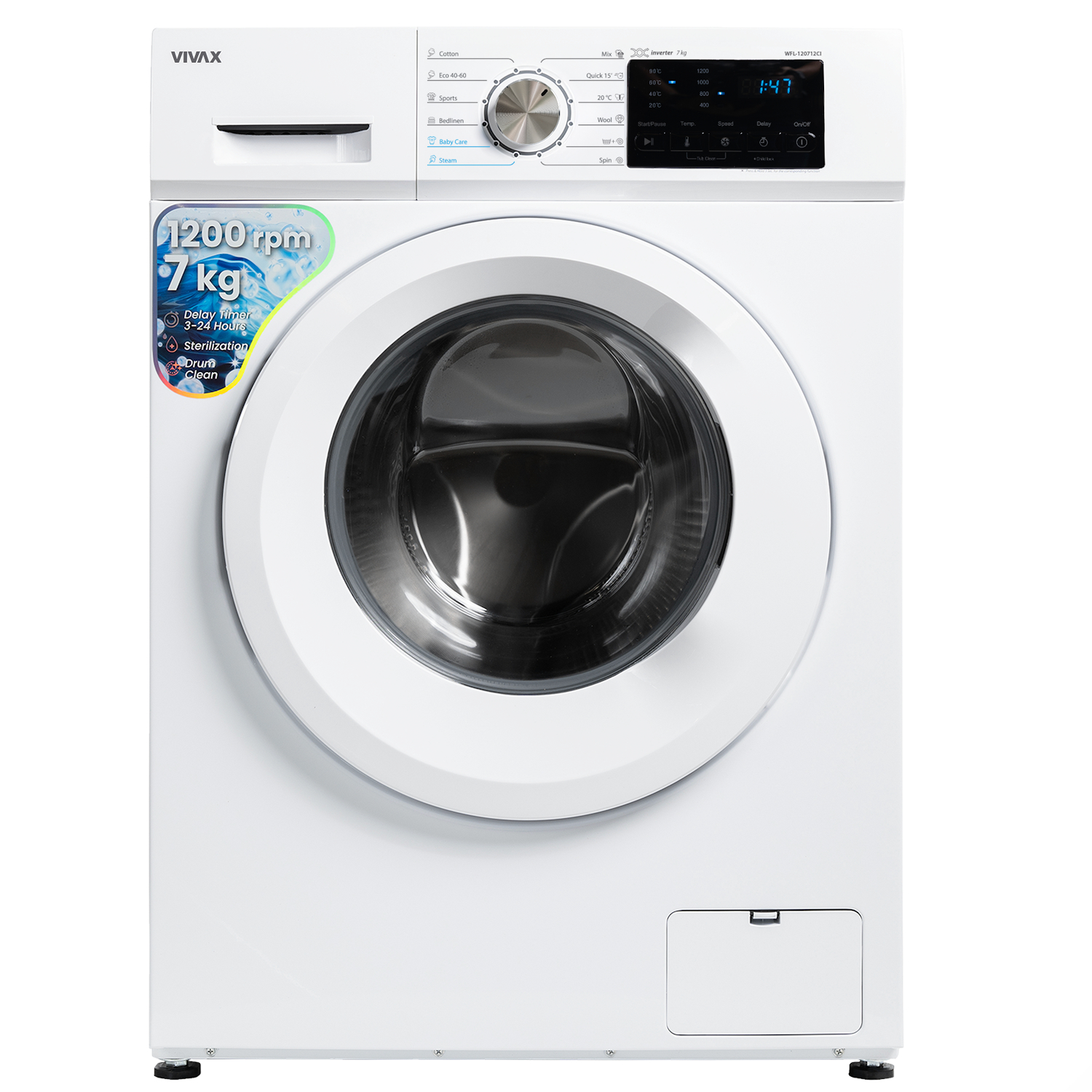 Masina de spalat rufe VIVAX WFL-120712CI, 7kg, 1200 RPM, Motor Inverter, Clasa A, 12 Programe, Alb - imagine 5