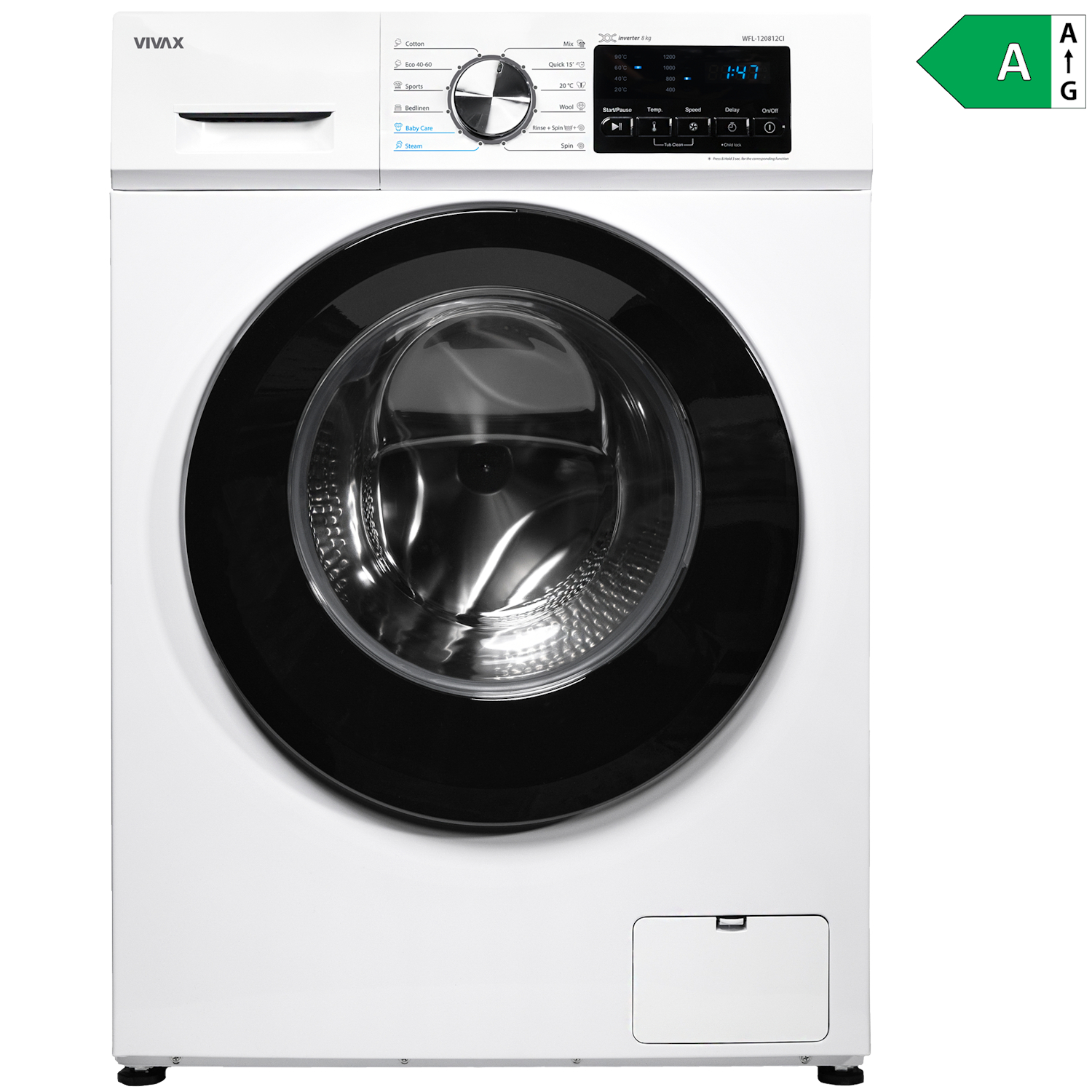 Masina de spalat rufe VIVAX WFL-120712CI, 7kg, 1200 RPM, Motor Inverter, Clasa A, 12 Programe, Alb