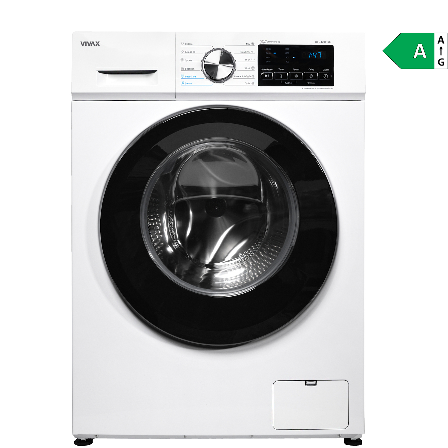 Masina de spalat rufe VIVAX WFL-120812CI, 8kg, 1200 RPM, Motor Inverter, Clasa A, 12 Programe, Alb