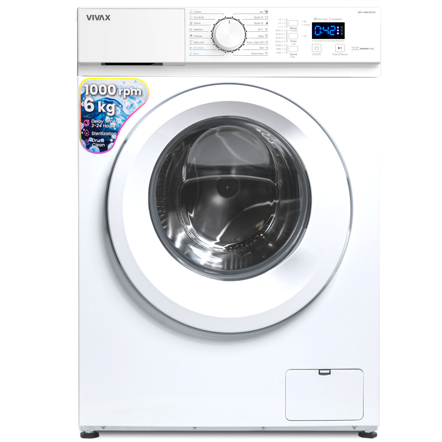 Masina de spalat rufe VIVAX WFL-100616CDSI, 6kg, 1000 RPM, Motor Inverter, Clasa A, 16 Programe, Alb - imagine 8