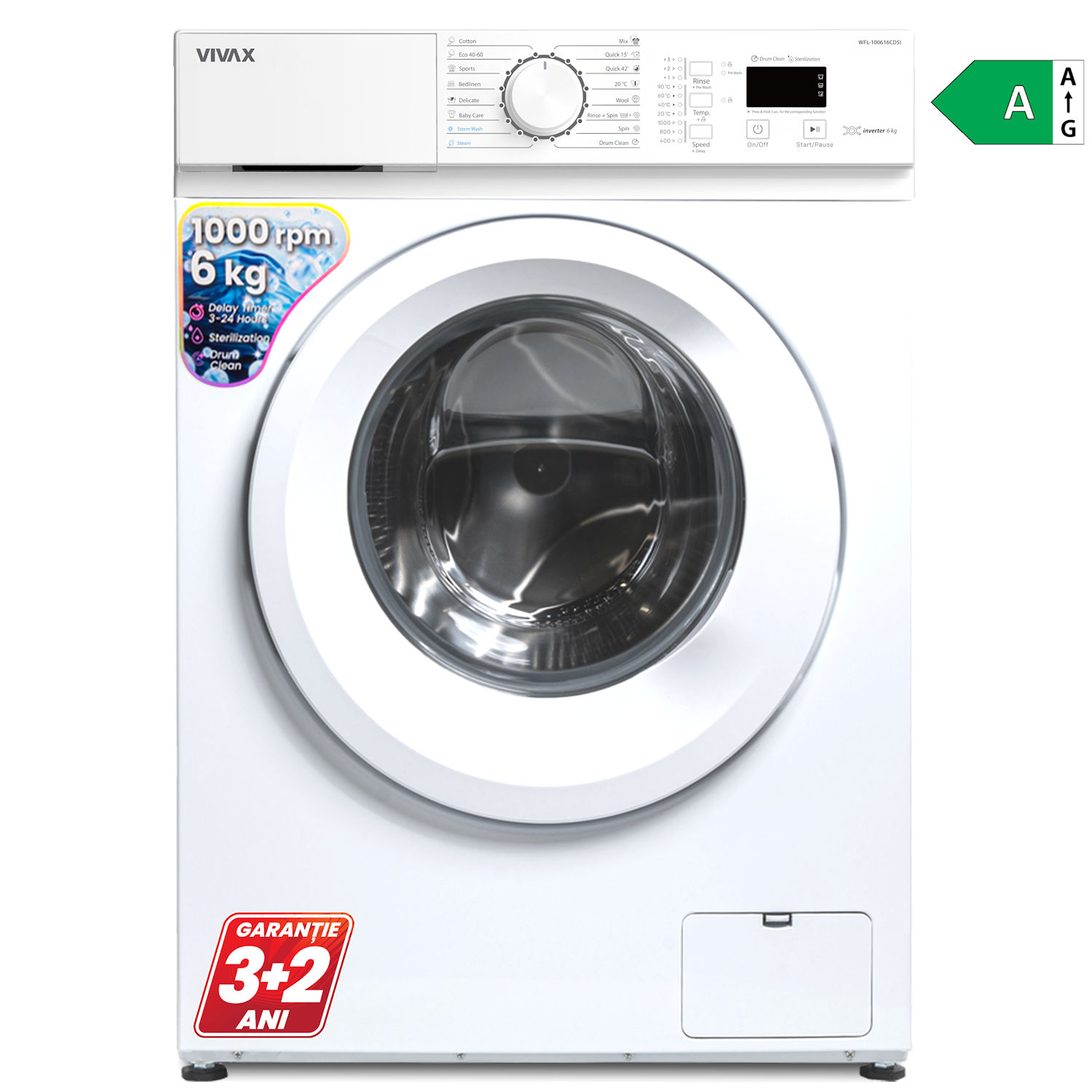 Masina de spalat rufe VIVAX WFL-100616CDSI, 6kg, 1000 RPM, Motor Inverter, Clasa A, 16 Programe, Alb