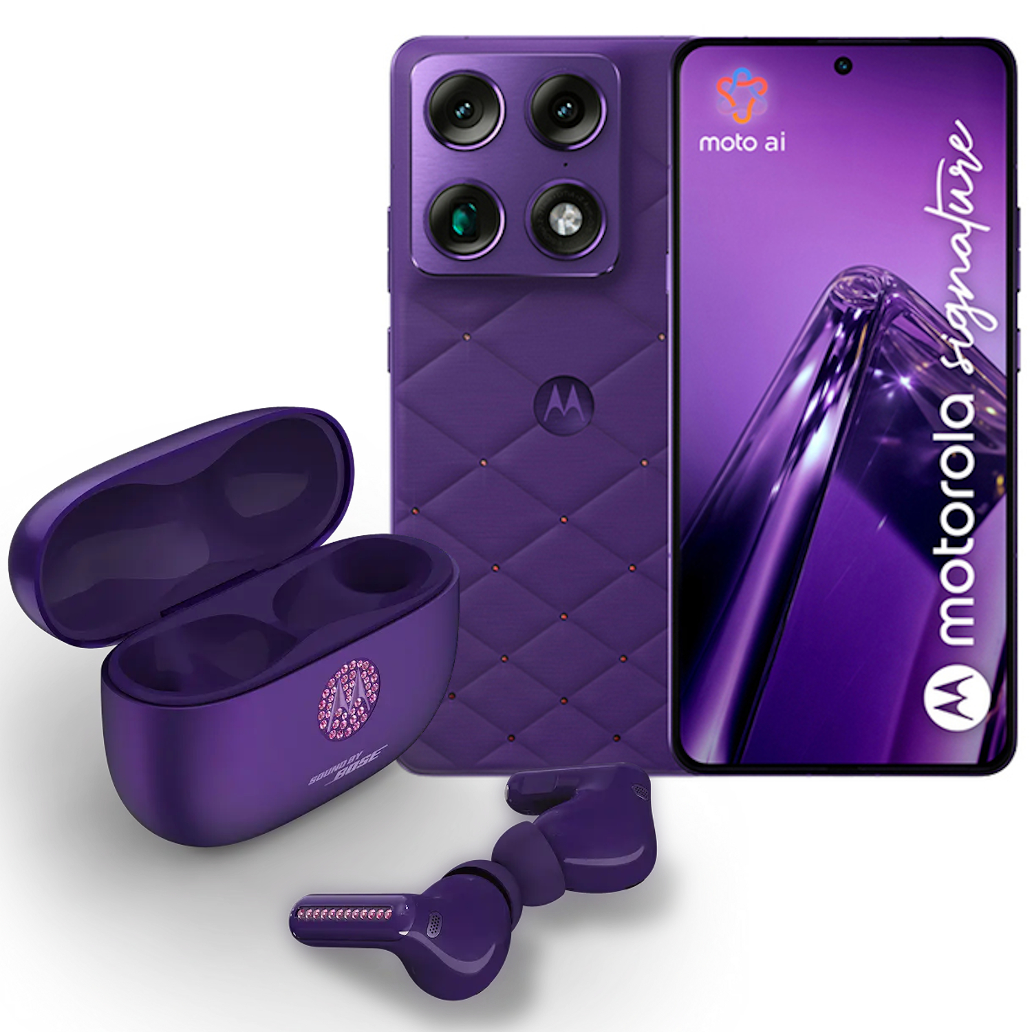 Telefon mobil Dual SIM Motorola Signature, 5G, Octa Core 3.8 GHz, 512 GB + 16 GB RAM, Swarovski Edition PANTONE Violet Indigo + moto buds 2 plus