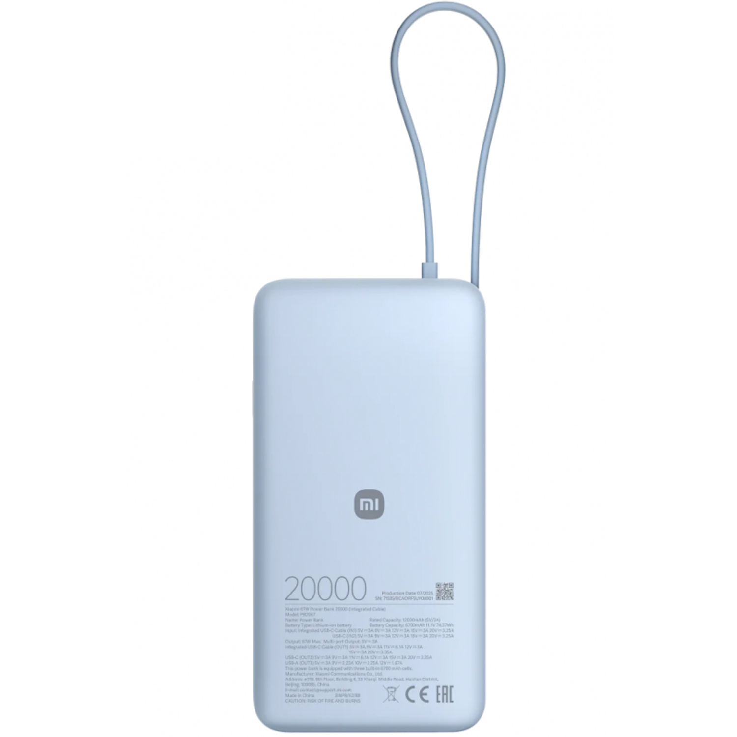 Incarcator portabil universal Xiaomi 67W 20000mAh, cablu integrat USB Type-C, Ice Blue - imagine 2